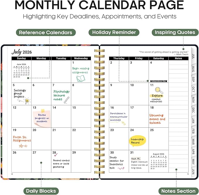 Planner 2026-2027, Academic Year Weekly and Monthly Calender Planner, from Jul 2026 - Jun 2027, Spiral Bound School Planning Book, Perfect for Teacher, Student, Women & Men, A5 (6.3" x 8.5"), Garden Bird