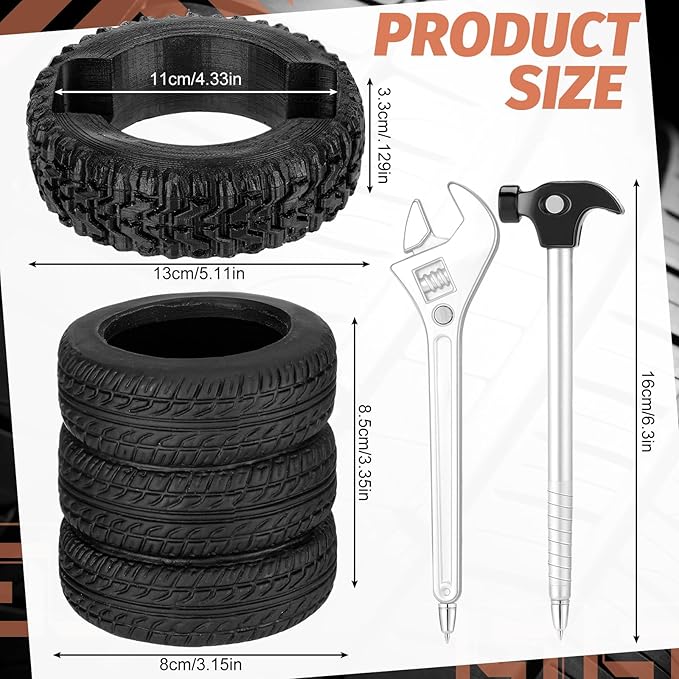 Eersida 4 Pcs Tire Shape Stationery Set Tire Shaped Pen Holder Automotive Business Card Organizer Tool Ballpoint Pens for Man Desk Office School Cool Mechanic Gifts Car Lovers Accessories