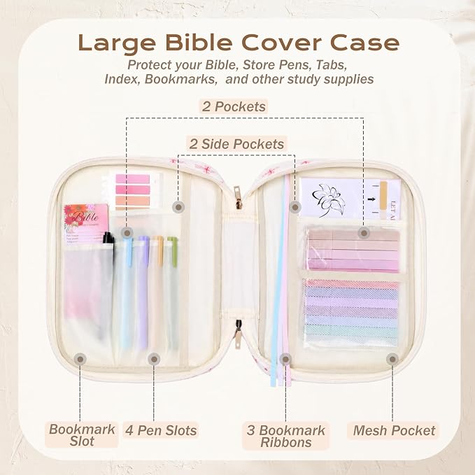 XKDOUS Bible Cover for Women Church Book Holder Quilted Carrying Case with Handle, Tabs, Study Supplies Portable Bible Bag Journaling Kit Christian Gifts for Mom Lady