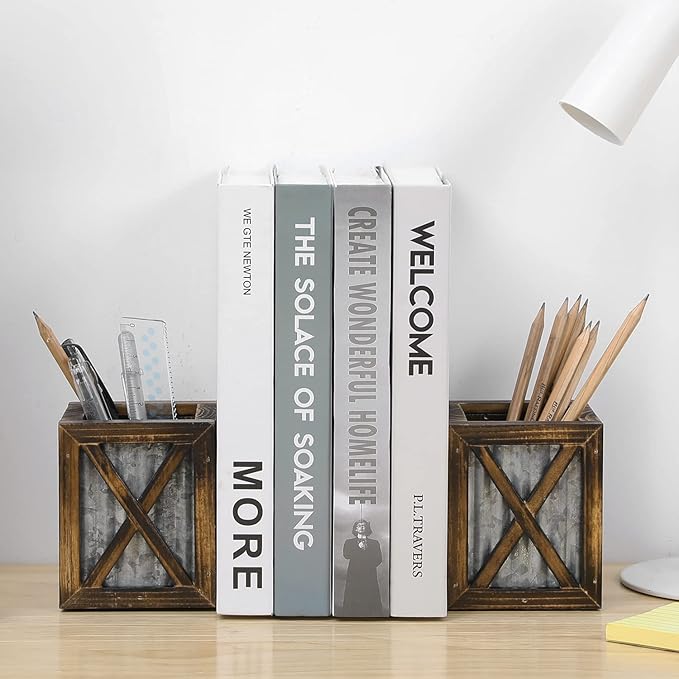 MyGift Rustic Decorative Bookends, Book Ends for Shelves with Pen Holder, for Home Office Classroom, Dorm Room, Desk, Burnt Wood with Corrugated Galvanized Metal Accent