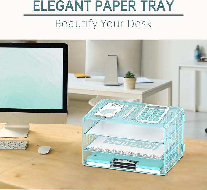 DALTACK 3 Tier Letter Tray Paper Organizer for Desk, Mesh Metal Desk File Organizer with Sliding Trays for Letter/A4 Paper, Mail, Bills & Folders, Blue