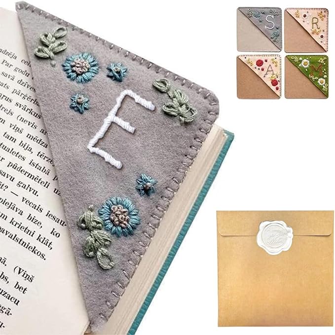 Personalized Hand Embroidered Corner Bookmark, 26 Letters Hand Stitched Felt Corner Letter Bookmark, Cute Flower Embroidery Bookmarks for Book Reading Lovers Meaningful Gift (Winter, E)