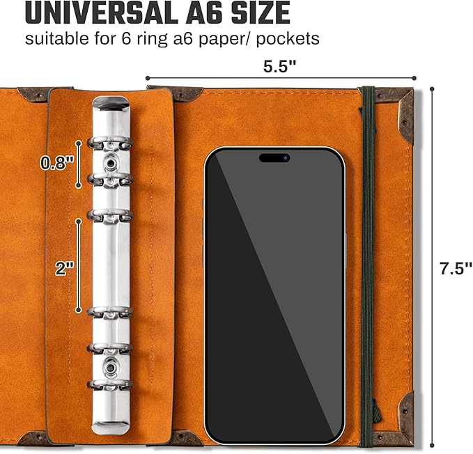 Ovesmusl PU Leather A6 Binder 6 Ring Mini Loose Leaf Binder 5.5”x7.5” No Inserts A6 Planner Binder Leather Cover Refillable Journal Cover, Green Tree