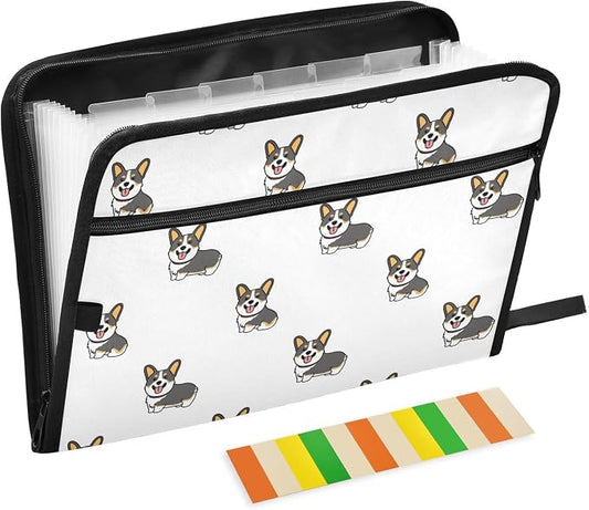 Corgi Tricolor Dog Cartoon File Folders,Plastic Folders with 13 Pockets,Expandable File Folder for Documents School Students Office,Aesthetic Folder with Labels A4 Letter Size