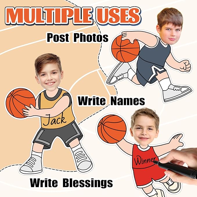 Whaline 50 Pcs Basketball DIY Cutouts Sports Ball Cut-Outs Basketball Player Paper Cutting with 100 Pcs Glue Points for Crafts Birthday Party Classroom Bulletin Board Photo