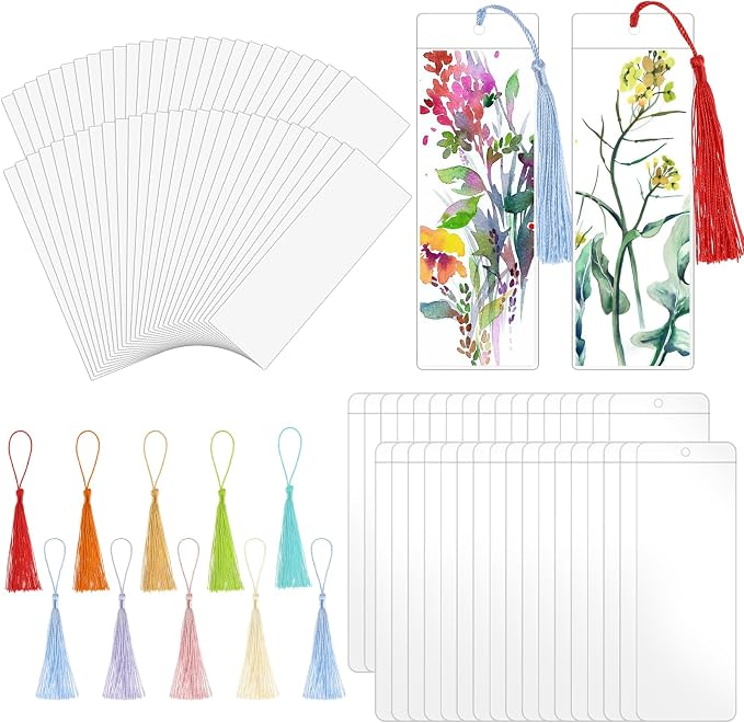 60 Sets Kraft Paper Blank Bookmarks with Tassels, Cardstock DIY Bookmark Making Kit, DIY Projects Party Favor Gift Tag Bulk PVC Tags, 60 Bookmarks 60 Clear Bookmark Sleeves 60 Tassels