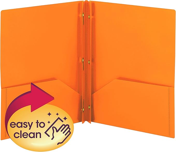 Smead Poly Two-Pocket Folder, Three-Hole Punch Prong Fasteners, Letter Size, Orange, 3 per Pack (87735)