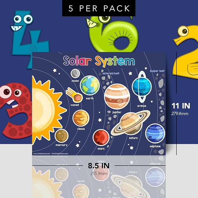 Educational Charts for Preschool to Grade 1 – Bright & Colorful Educational Visual/Learning Aid Wall Art Poster for Classroom Home | Glossy Durable Cardstock | 8.5" x 11" | 5 per Pack (Solar System)