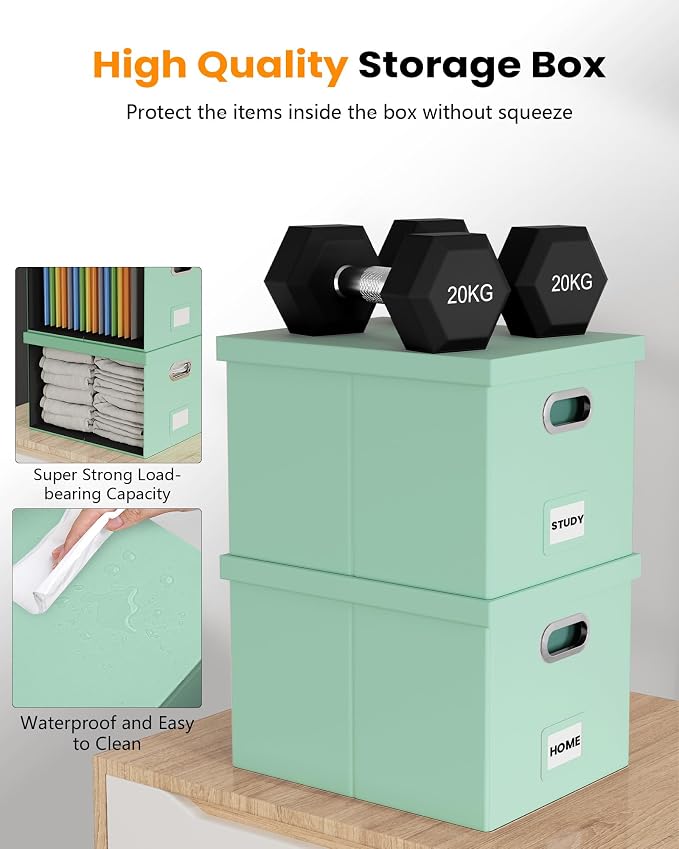 Oterri 2 Pack File Storage Organizer Box,Portable File Box with Lid,Fit for Letter/Legal File Folder Storage, Mint-green(Leather)