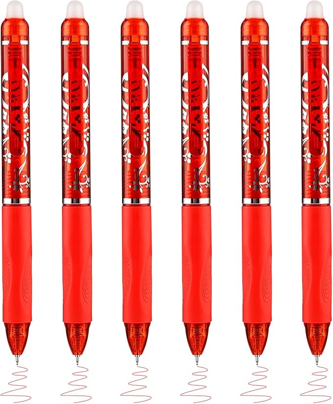 6 Pcs Retractable Erasable Pens, Colored Gel Red Ink Pens Clicker with Erasers, 0.5mm Fine Point Smooth Writing Pen for Journaling Note-Taking Crossword Puzzles Supplies (Red)