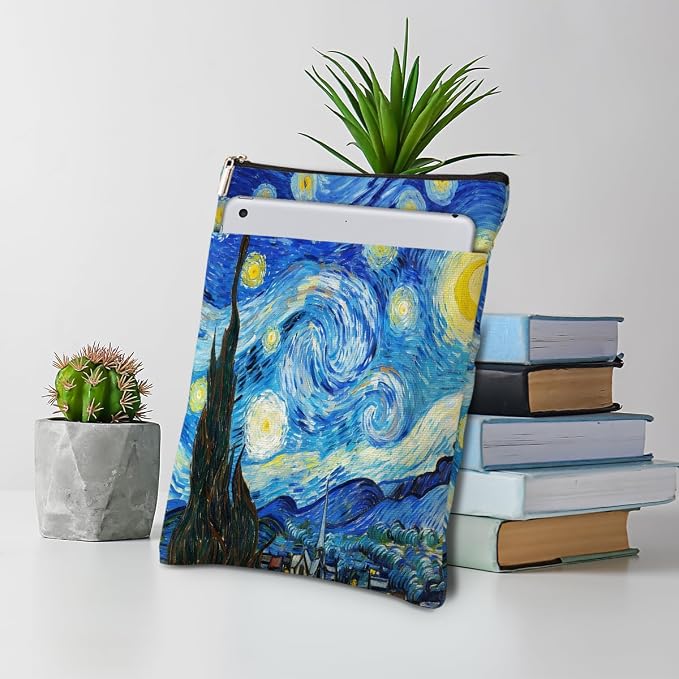 Gogh Starry Night Book Sleeve, Book Lovers Gifts Sleeve with Zipper & Front Pocket, 11.4x8.8 Inch Canvas Books Cover Protector Bookish Gifts for Readers Librarian Women Teacher