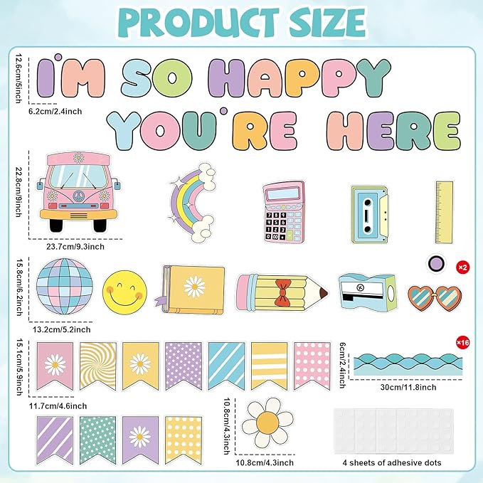 Naozinebi Groovy Back to School Bulletin Board for Classroom Decoration I'm So Happy You're Boho Retro Here Hippie Bulletin Board Set Rainbow Cutouts Daisy DIY Photo for Chalkboard Wall Teacher Decor