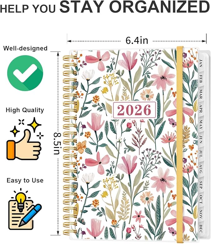 2026 Planner - Weekly and Monthly Planner from Jan 2026 - Dec 2026, Spiral Planning 2026 with 12-Month Tabs, Inner Pocket, 6.25" x 8.5", Leaf-Flwoer