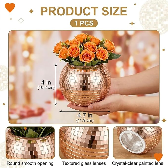 Disco Ball Pencil Holder for Desk - Cute Office Decor & Makeup Brush Organizer, 4.7 Inch Sparkly Glass Pen Cup, Fun Desk Accessories for Women (ROSE GOLD)