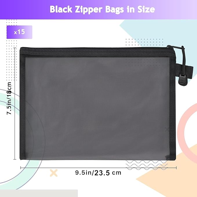 15-Piece Nylon Mesh Zipper Pouch Set - Black Makeup Bags, Cosmetic Pouches, Travel Bags (9.5 x 7.5 Inch)