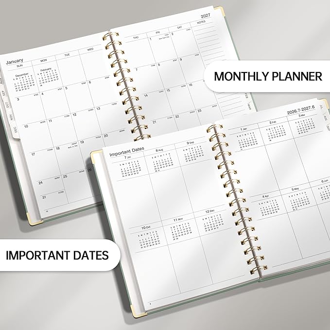Academic Planner 2026-2027, Weekly and Monthly, A5 Size (5.7" x 8.3"), July 2026 - June 2027, To-do List for Tracking, for School, Home, Office, Hardcover, 12-Month Tabs (Light Green)