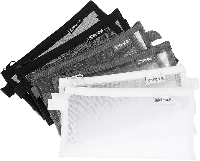 PATIKIL 6Pack Mesh Zipper Pouch Bags, 8.3" x 4.7" Nylon Mesh Pouch Waterproof Cosmetic Bags Pencil Holders Documents Pocket for Travel Accessories Office Supplies, Black/Gray/White