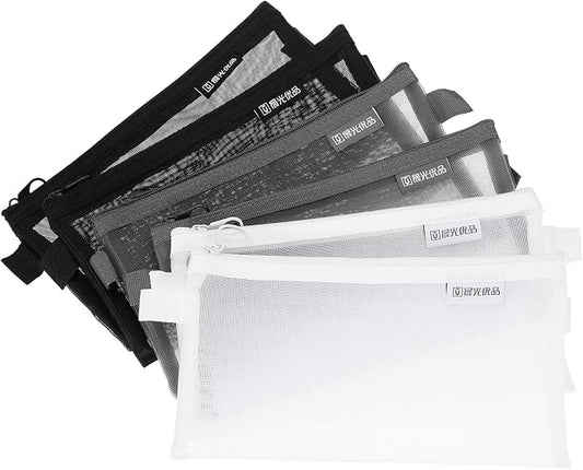 PATIKIL 6Pack Mesh Zipper Pouch Bags, 8.3" x 4.7" Nylon Mesh Pouch Waterproof Cosmetic Bags Pencil Holders Documents Pocket for Travel Accessories Office Supplies, Black/Gray/White