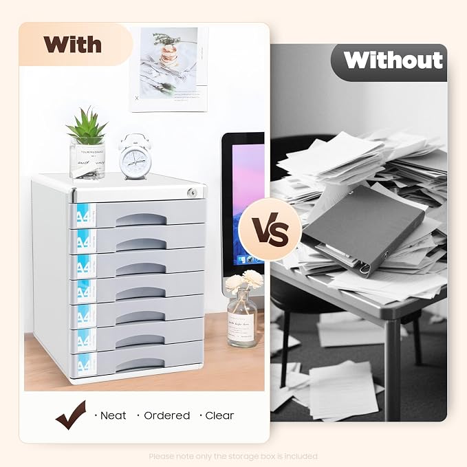 Desk Organizer with 7 Drawers, Documents Organizer with Lock, Office Supplies Desktop Filing Cabinet, A4 File Storage Holder, Stackable Storage Box for Jewelry/Bill/Paper/Documents