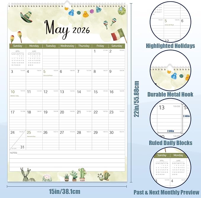GuassLee Large Wall Calendar 2026-2027, 22"x15" Vertical Wall Calendar 2026, Jan. 2026 to Jun. 2027, 18-Month Paper Hanging Planner Wall with Julian Date for Office Home Planning & Organizing