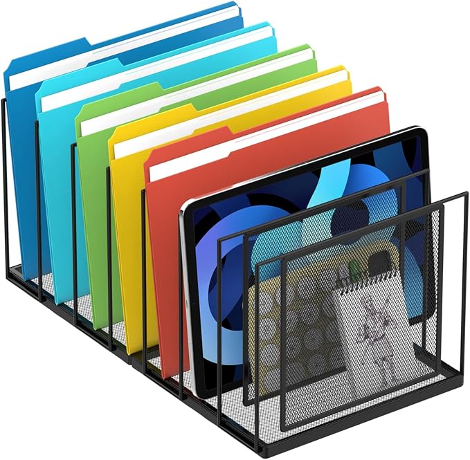 Desk File Organizer, 7 Section Vertical Metal File Organizer for Desk, Desktop File Organizer Stand, Paper Folder Organizer for Office Home Classroom Storage (Black, 7 Section)