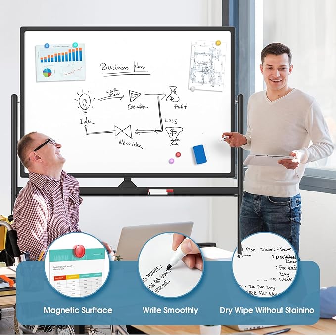 MaxGear 48x32 Mobile Whiteboard on Wheels, Heavy-Duty Aluminum Frame & Reinforced Packaging, Double Sided Magnetic Dry Erase Board with Stand, Height Adjustable Rolling Whiteboard for Office, Black
