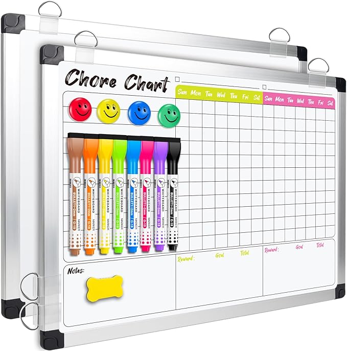 EAONE 16 x 12 in Magnetic Dry Erase Chore Chart & Whiteboard for Multiple Kids/Teens/Adults, Aluminum Frame Double Sided Chore Board Weekly Calendar for Wall, with 8 Markers, 4 Magnets, 1 Eraser