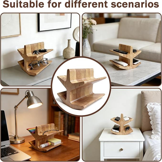 2-Tier Wooden Remote Control Holder Caddy, Decorative Desk Organizer for TV Remotes, Glasses, Office Supplies, Modern Storage Stand for Living Room, Bedroom