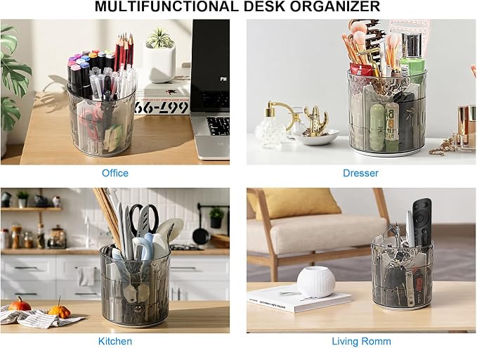360 Rotating Desk Organizer, Premium Transperent Pen Holder for Desk, Cut Desk Accessories & Workspace Organizers for Office, School, Home, Art (Transparent Grey)