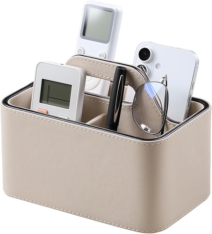 Caddy Organizer with Handle, PU Leather Remote Control Holder Desk Caddy, Portable Makeup Remote Organizer for Table, Nightstand, Office (Beige)