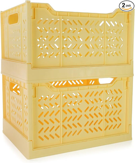 Domiella 2-Pack Crates for Storage, Storage Crates Plastic Stackable, Foldable Crate for Office Home Kitchen Bedroom Bathroom (Tall, Yellow)