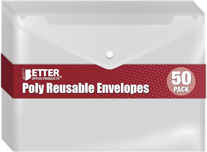 Better Office Products Clear Reusable Plastic Envelopes with Snap Closure, Plastic Document Holders, 13" x 9" XL Size for Letter Paper, Poly File Envelopes, Clear, 50 Pack