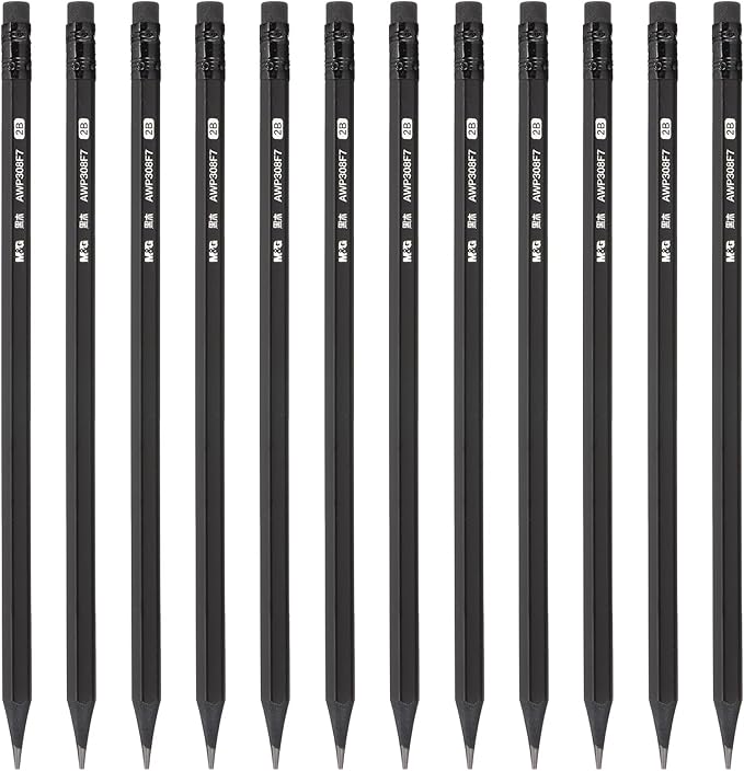 M&G Wooden Hexagon Pencils, 12 Pcs Graphite Round 2B Pencils with Eraser Head for Classroom Teacher Office Supplies, Black