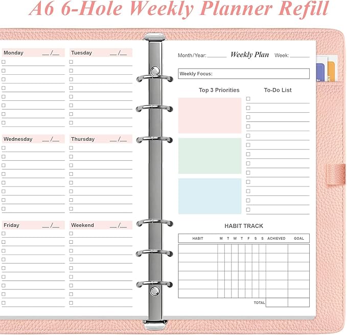 (2-Pack) A6 Weekly Planner Refills for Filofax Personal Binders, 106 Sheets/212 Pages Undated Colorful Weekly Planner, 6-Hole Punched, 100 gsm White Paper, Last 2 Year, 3.75" x 6.75"