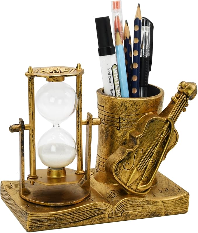 Violin-Themed Pencil Holder with Hourglass, Resin Desktop Organizer for Office & Study, Pen Holder with Sand Timer, Classic Music Addition Scissors Storage, Artistic Gift for Violin Lovers