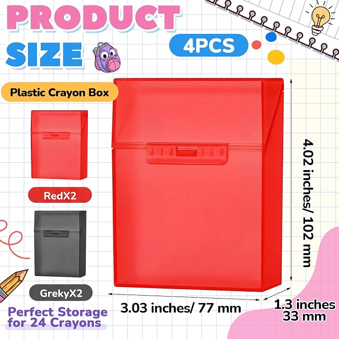 Clabby 4 Pcs Plastic Crayon Organizer Case for 24 Count Crayons Kids Art Supply Storage Box with Lid, Portable Holder for Classroom Home Travel, Fits Standard 24-Pack Crayon (Red,Dark Gray)