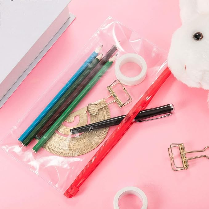 Leinuosen 50 Pcs Clear Zip Envelope Pencil Case Bulk Small Plastic Envelopes Reusable File Bill Document Bag, 5 Colors A6 Pencil Bags for Cash Office School Supplies