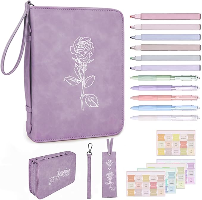 CITYCHASE Elegant Rose Design Bible Cover Case with Bible Study Supplies Highlighters Pens Bookmark Leather Bible Cover Case for Women Gift for Christians (Purple Pro)