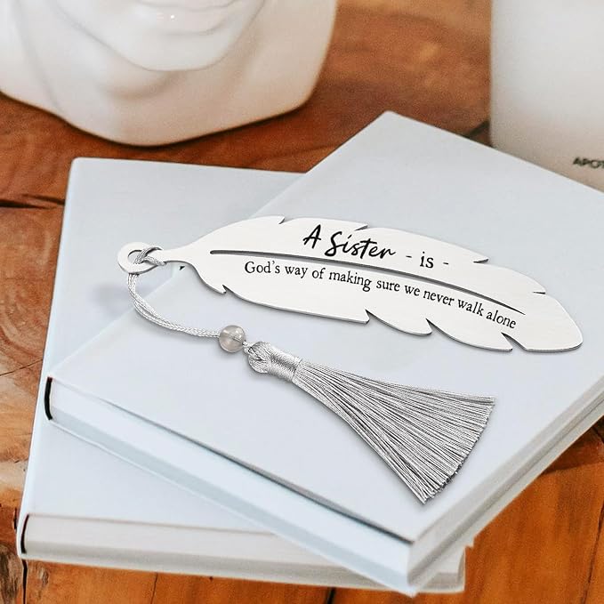 A Sister is God’s Way Bookmark, Inspirational Gift for Soul Sister & Best Friend, Christian Birthday Graduation, Christmas Gift for Women, Daughter, Metal Feather Bookmark with Tassel VBK216
