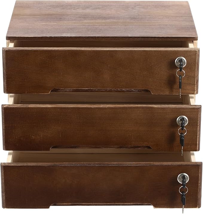 Wooden Storage Box with 3 Drawers, Vintage Office Supplies and Accessories Letter Tray, Wood Desktop School Supply Organizer, Library Card Catalog Cabinet, Rustic Jewelry Box with Lock