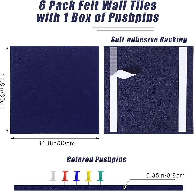Large Cork Board 36" x 24", 6 Pack Felt Bulletin Board with 30 Pushpins, Cork Boards Alternative with Self-Adhesive Strips, Felt Wall Tiles Pin Boards for Walls Office Home School Decor-Dark Blue