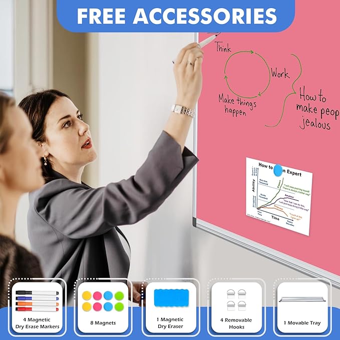 WALGLASS Magnetic Whiteboard 36"x24" Dry Erase White Board for Walls with Pen Tray, Aluminium Frame and Dry-Wipe Writing Surface for Drawing, Home, and Office (Pink)