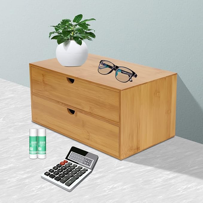 Bamboo Desk Organizer, Drawer Tabletop Storage Organization Box for Office Home Toiletries Supplies, No Assembly Required (2 Drawer)