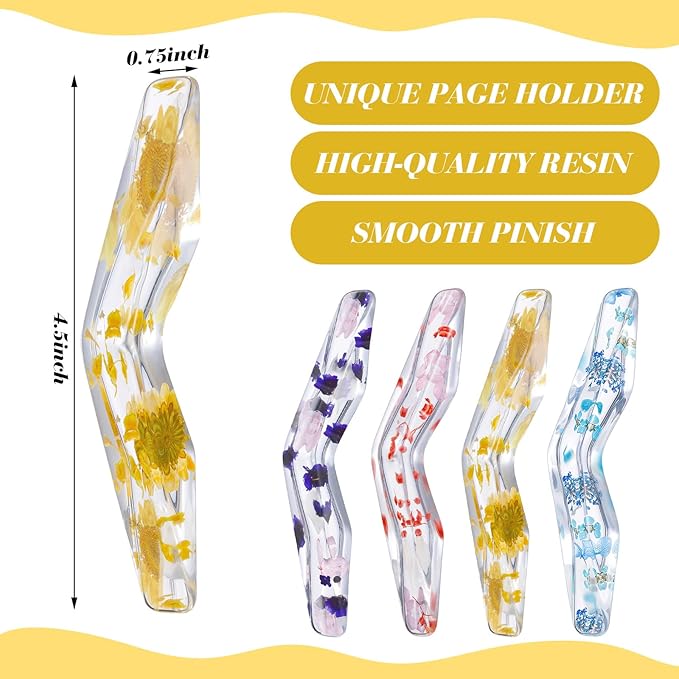 Eaasty 4 Pcs Thumb Book Page Holder for Reading Resin Book Opener Holder Multiple Colors Books Accessories Gifts for Reading Lovers Women Men(Flower Color)