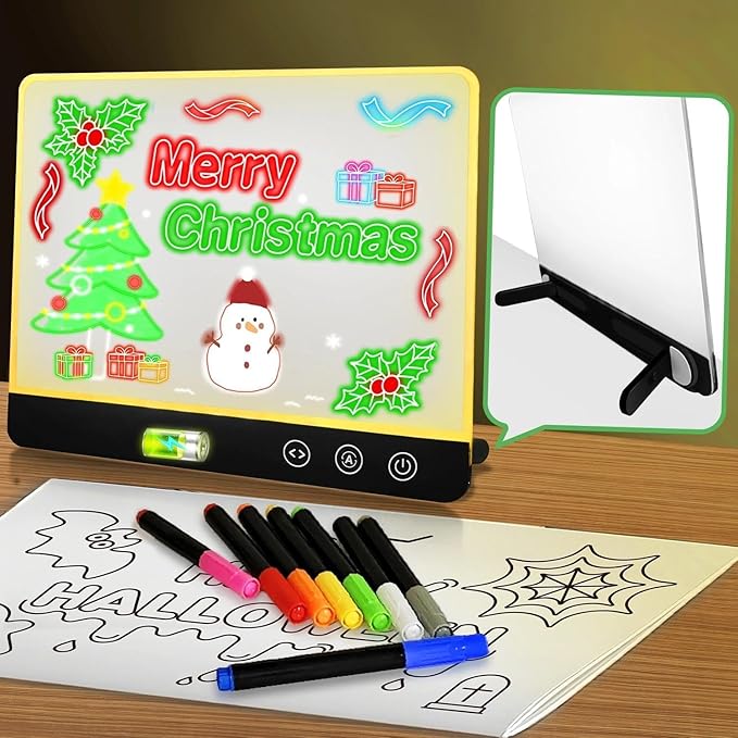 Acrylic Dry Erase Board with Light, Rechargeable LED Memo Board with 7 Colors & 4 Flash Modes, 12"x8" Light Up Desktop Message Board with Foldable Stand, Professional Glowing Note Pad