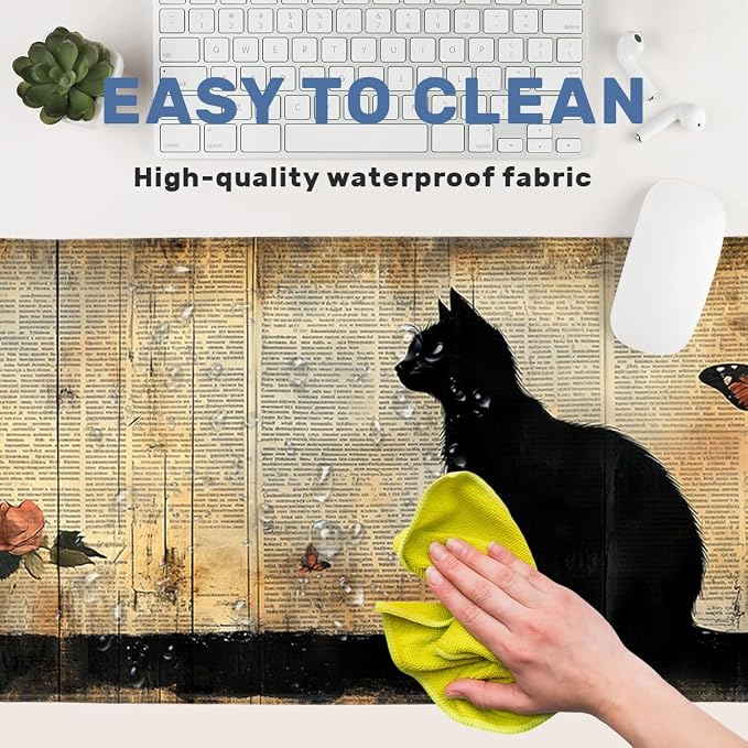 Black Cat Desk Mat 35.4 x 15.7 Inches Rose Butterfly Vintage Book Gaming Mouse Pad with Non-Slip Rubber Base, Smooth Cloth Surface Desk Keyboard Mat for Computer, PC, Laptop, Desktop