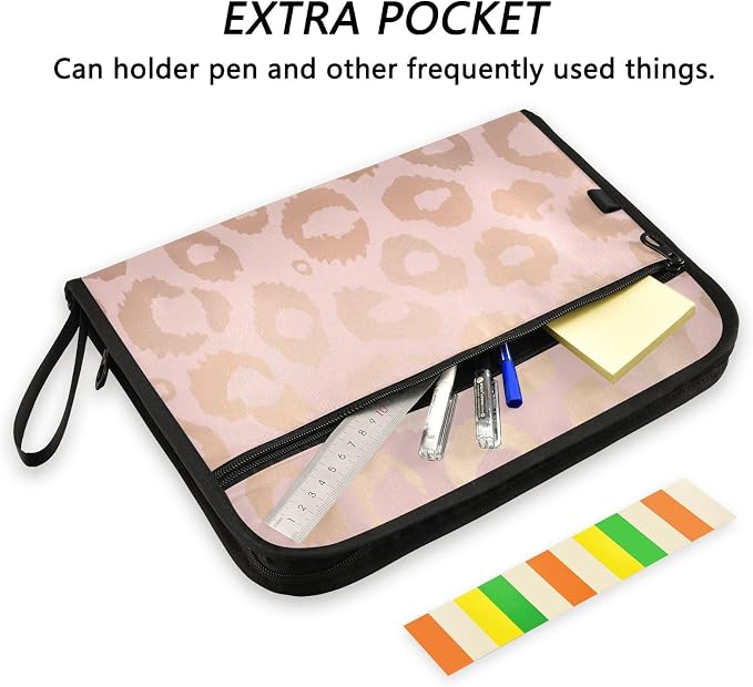 Metallic Rose Gold Animal Print Pattern Expanding File Folder with Sticky Labels, 13 Pockets Accordion File Folder Document Organizer Expandable Zip File Folder with Zipper Closure