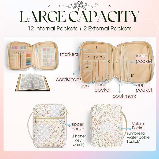 Bible Cover Case for Women Girls: Christian Mothers Day Gifts for Mom Large Quilted Bible Bag with Multi Pockets 26Pcs Study Supplies Journaling Kit, Floral Print Durable Book Carrying Organizer