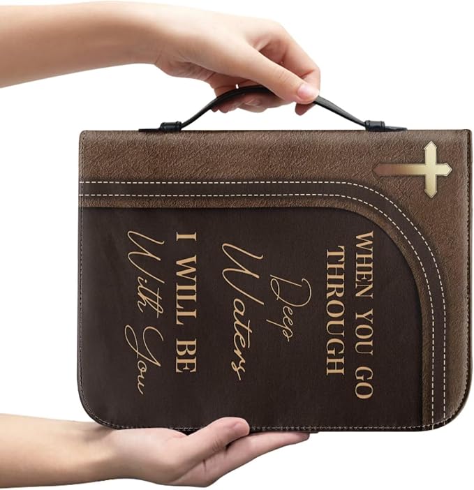 Retro Style Cross and Lion Bible Case with Bookmark Waterproof Bible Cover Case for Women Lightweight Bible Bag with Handle Pockets Church Book Bag Brown