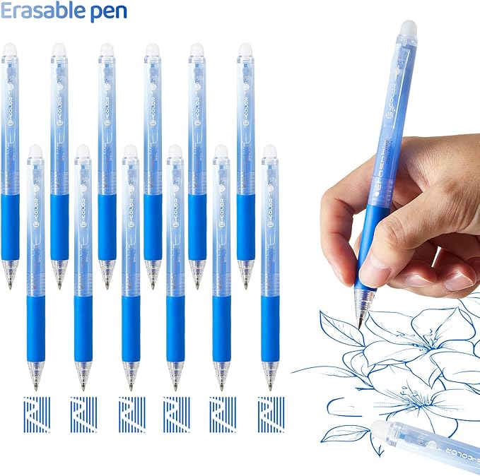 12Pcs Retractable Erasable Gel Pens Clicker,Fine Point 0.7mm Smooth Writing Pens,For Writing Journaling Taking Notes School Office Home. (12Blue)